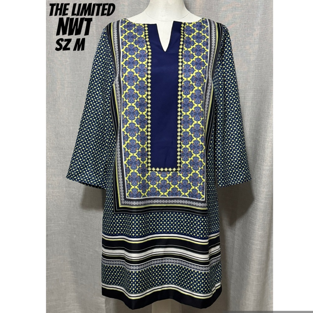 NWT The Limited Sheath Dress-Sz M-3/4 Length Sleeve-Lined-Blue/Yellow/White-Poly